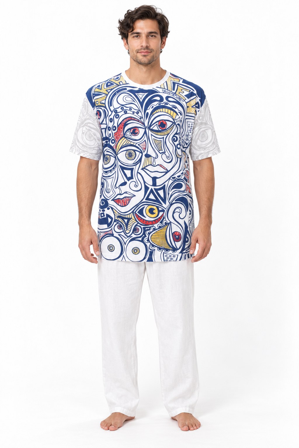 White Blue Abstract Face from Thailand — model front view