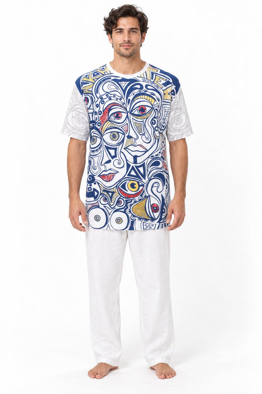 White Blue Abstract Face from Thailand — model front view