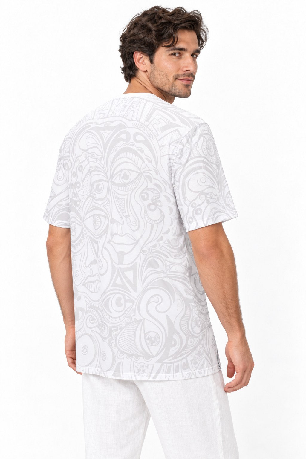 White Blue Abstract Face from Thailand — three-quarter back view