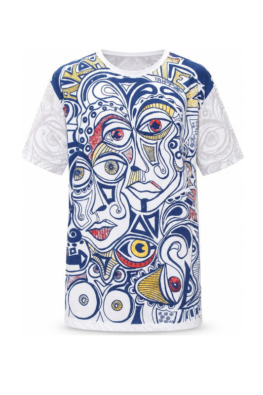 White Blue Abstract Face from Thailand — ghost mannequin front view