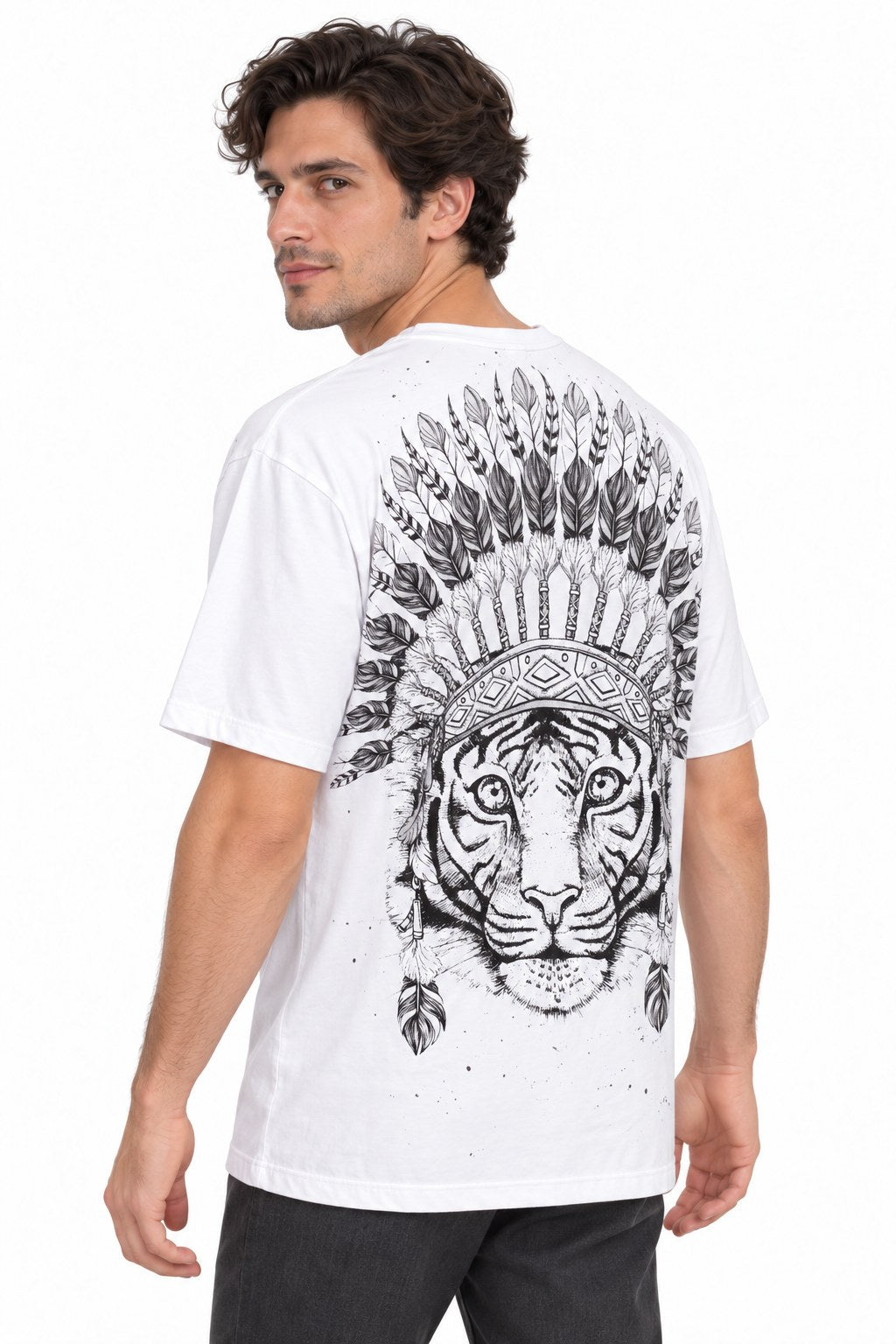 White Tiger Feather Headdress from Thailand — three-quarter back view