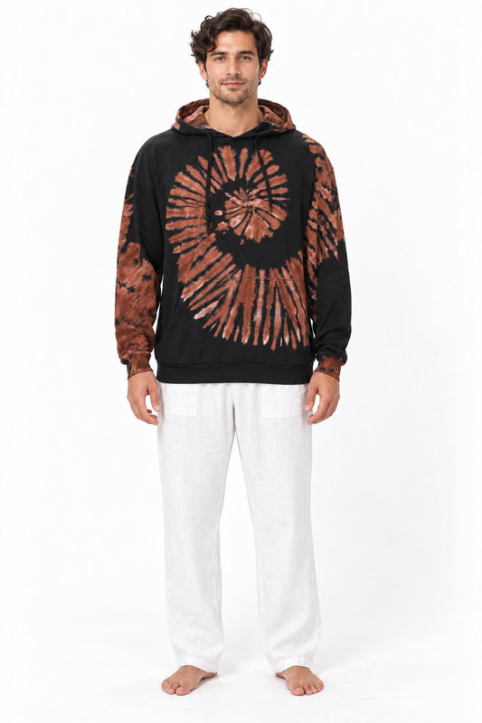 Cotton Hoodie with Black Rust Spiral Pattern from Thailand — model front view