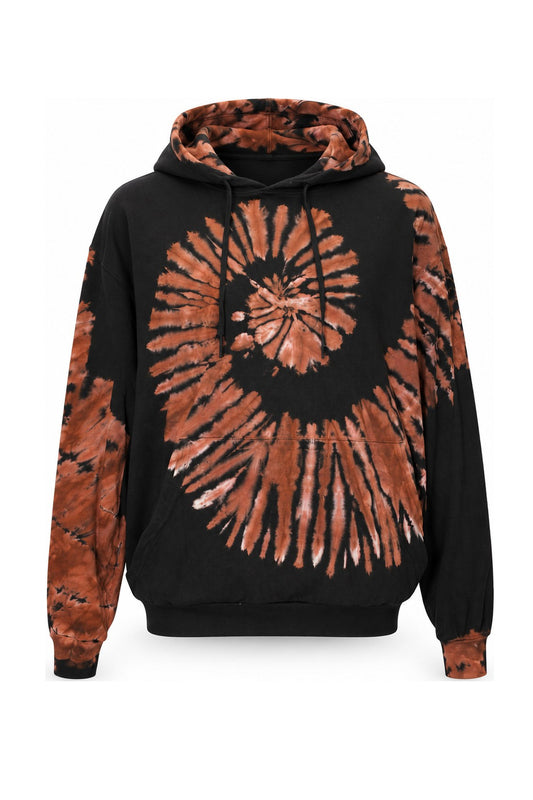 Cotton Hoodie with Black Rust Spiral Pattern from Thailand — ghost mannequin front view