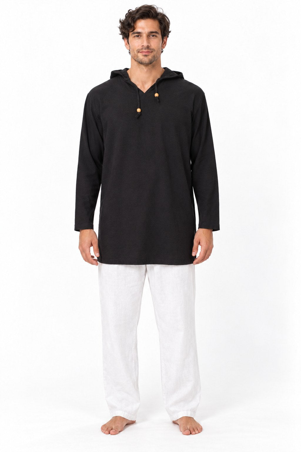 Black Color Long Sleeve Hoodie Shirt from Thailand — model front view