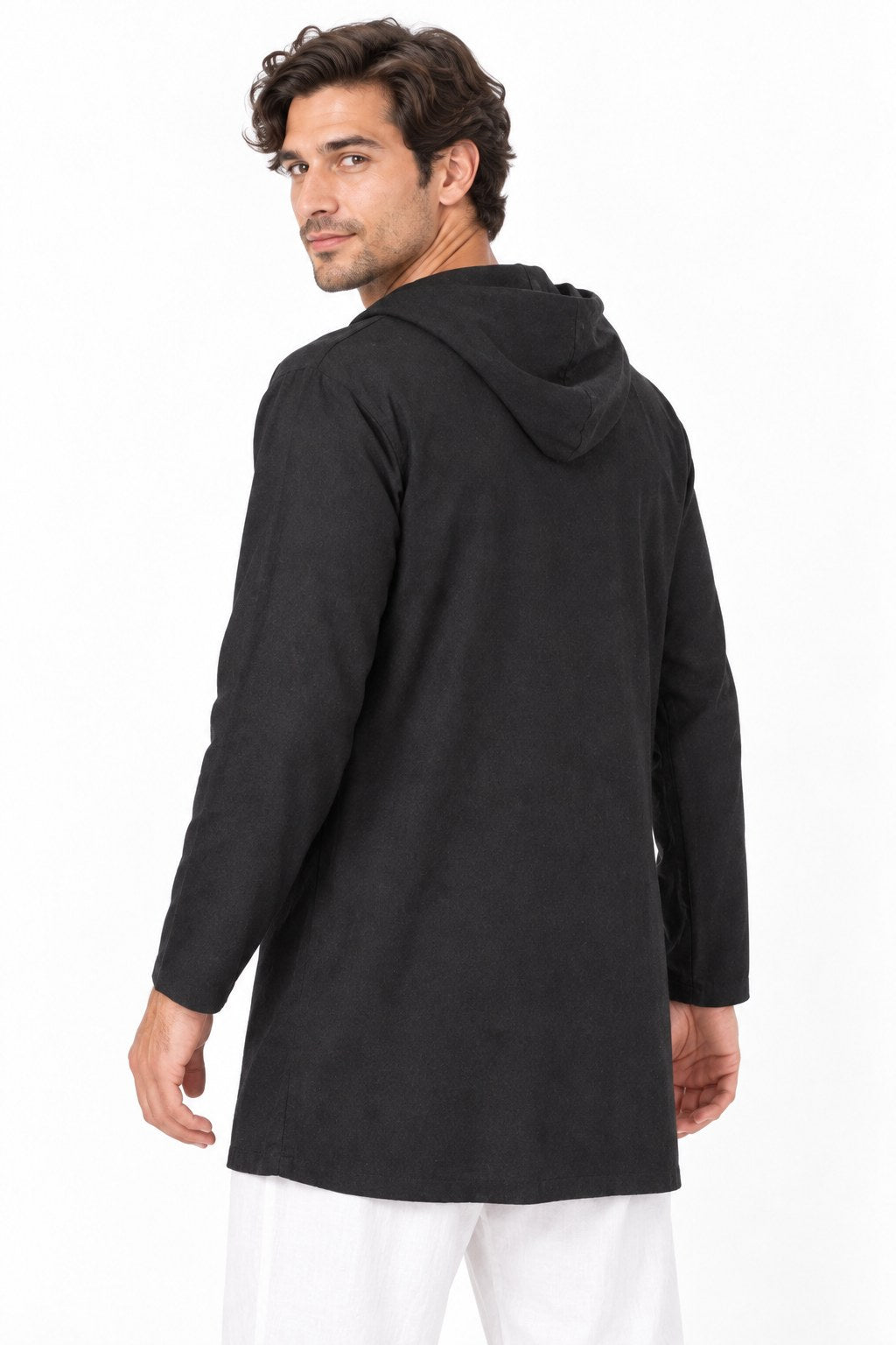 Black Color Long Sleeve Hoodie Shirt from Thailand — three-quarter back view