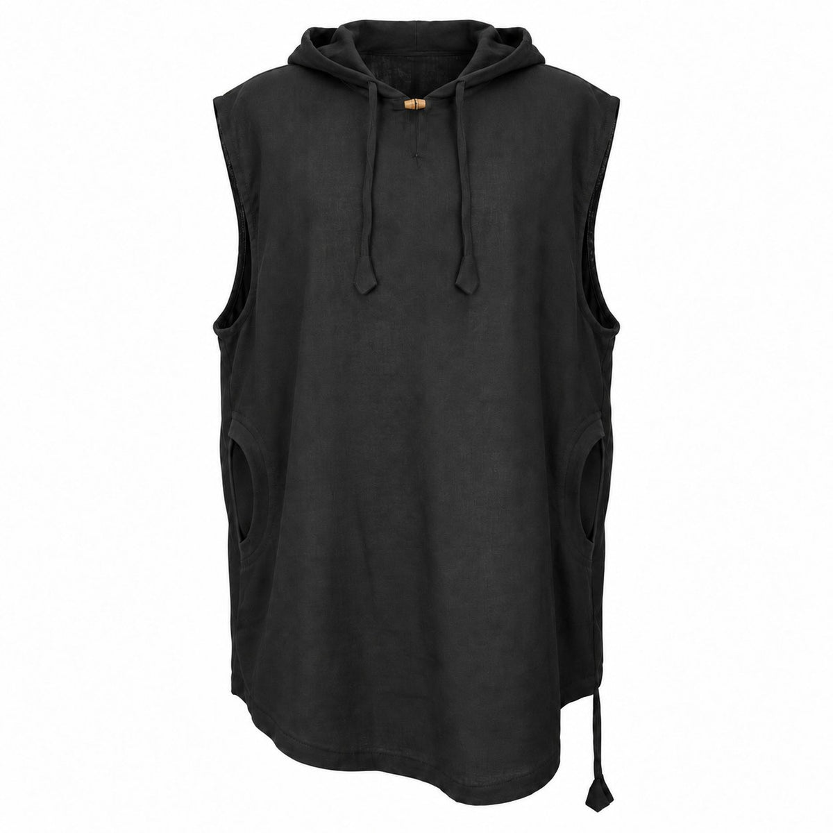Cut Sleeves with Hoodies and Two pockets in Black from Nepal — ghost mannequin front view