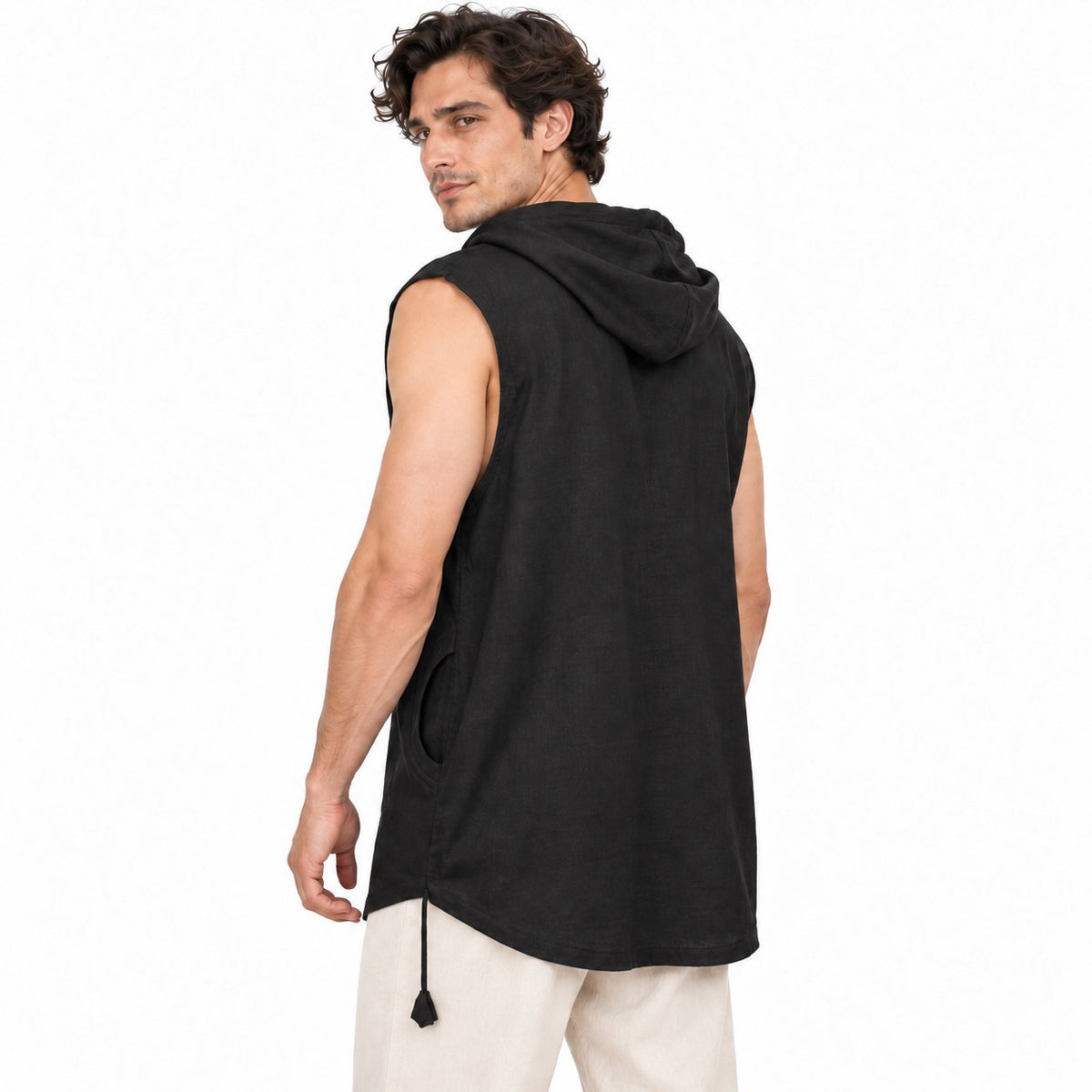 Cut Sleeves with Hoodies and Two pockets in Black from Nepal — three-quarter back view