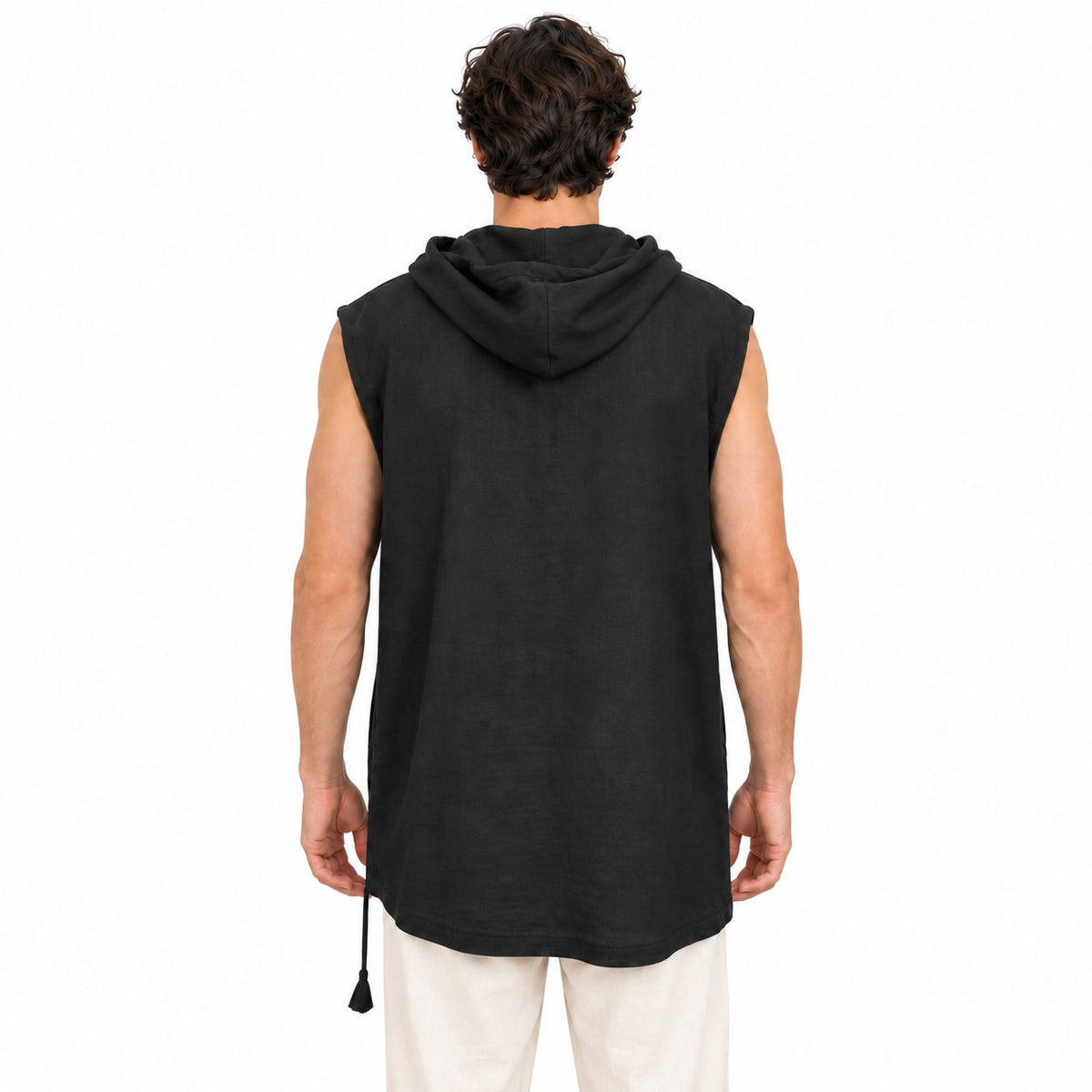 Cut Sleeves with Hoodies and Two pockets in Black from Nepal — back view