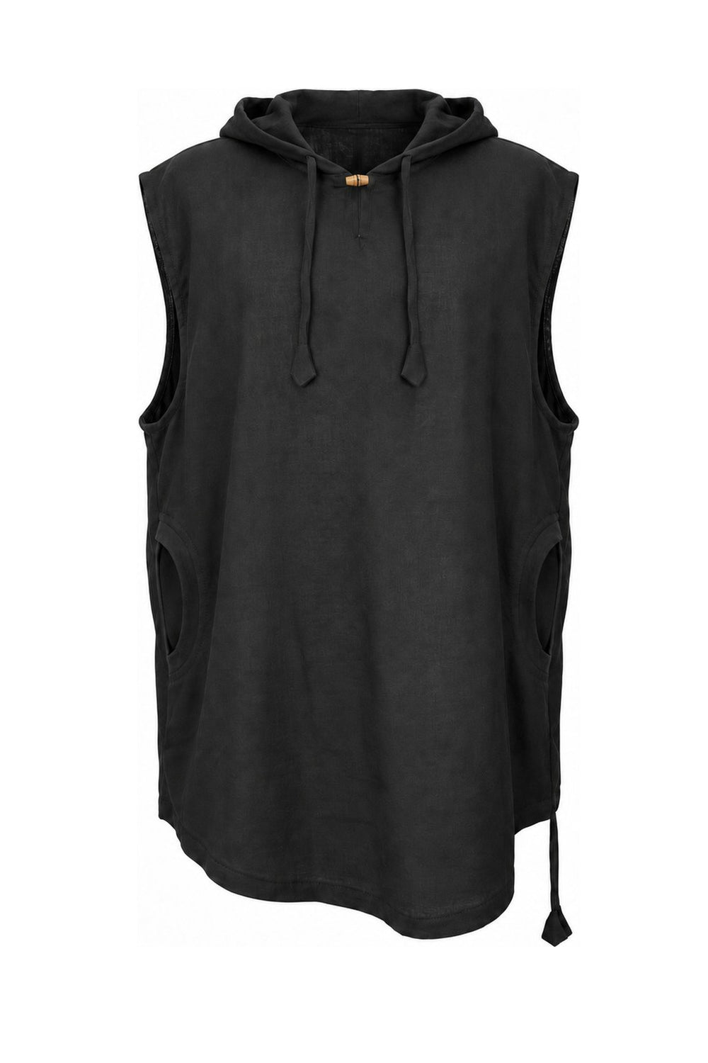 Cut Sleeves with Hoodies and Two pockets in Black from Nepal — ghost mannequin front view