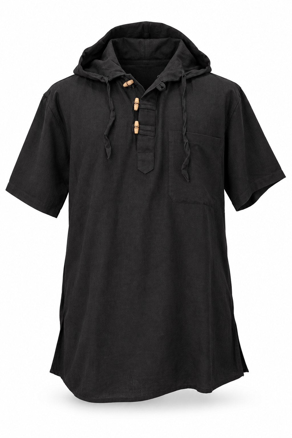 Short Sleeves with Hoodie with Wooden Buttons from Nepal — ghost mannequin front view
