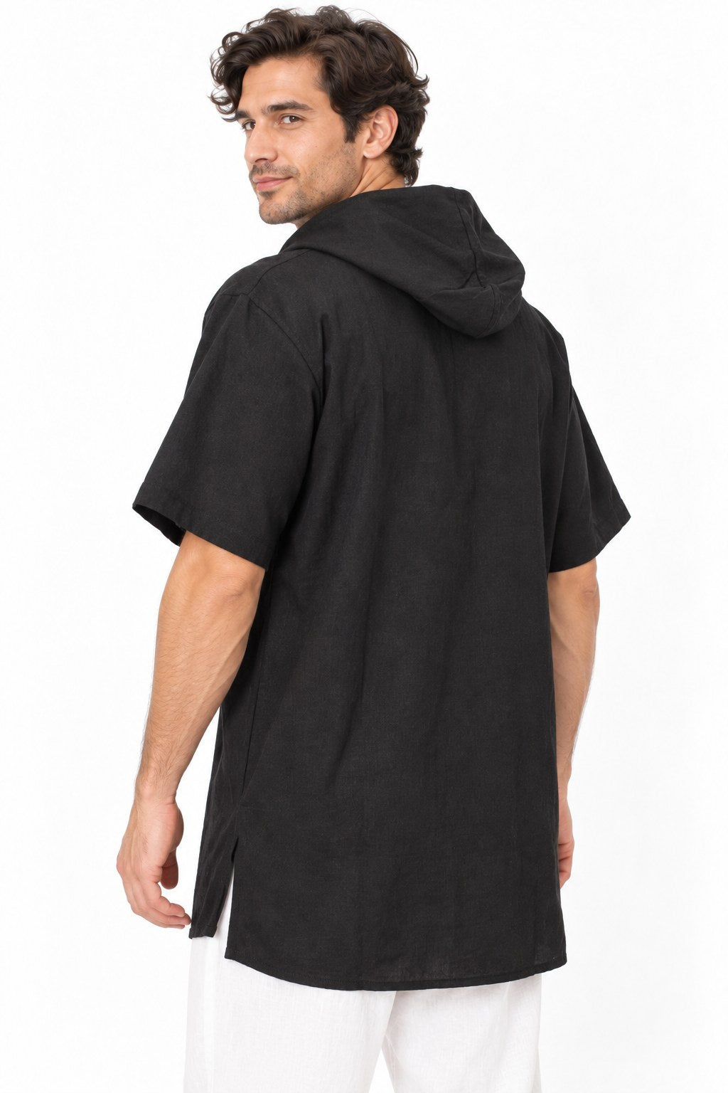 Short Sleeves with Hoodie with Wooden Buttons from Nepal — three-quarter back view