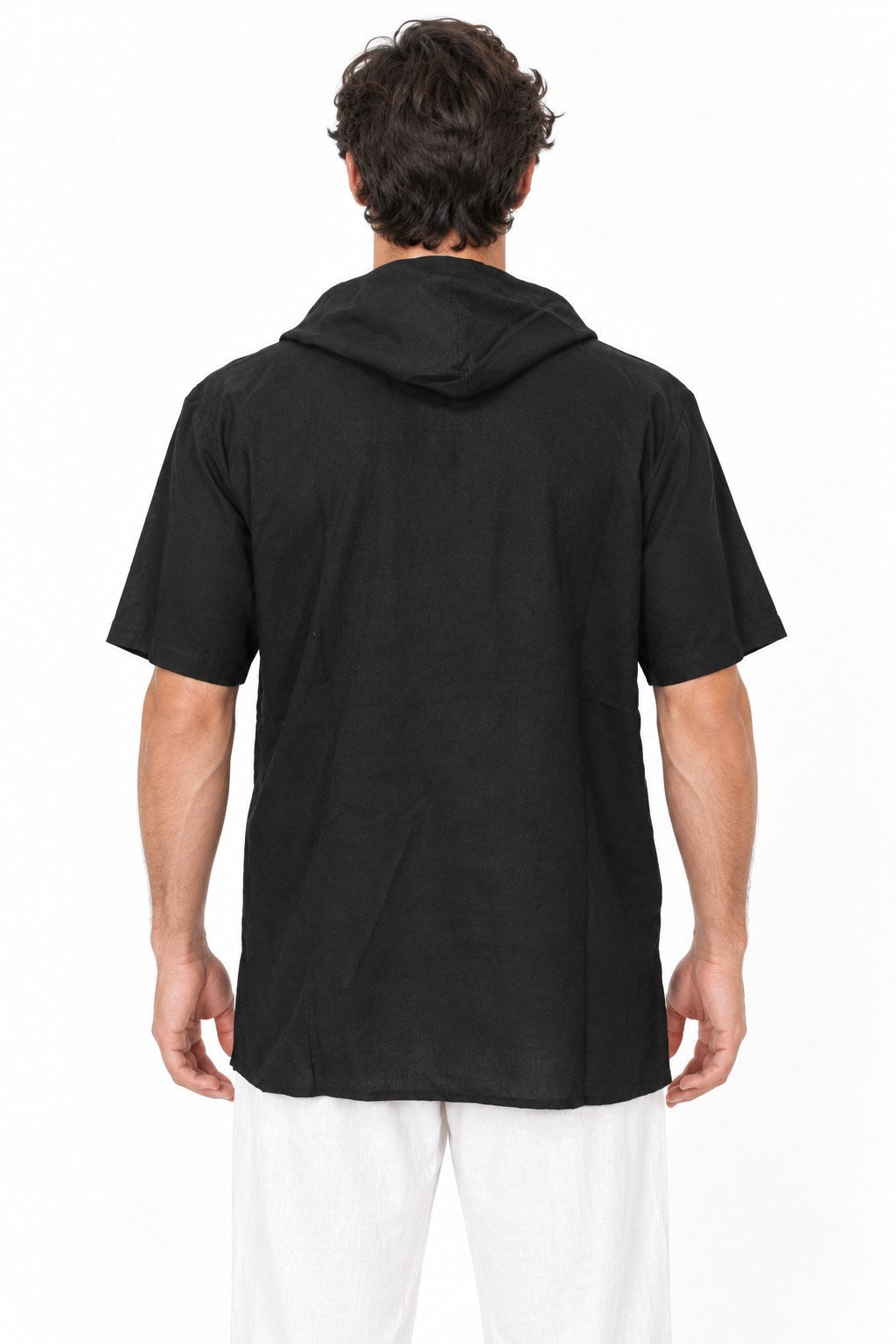 Short Sleeves with Hoodie with Wooden Buttons from Nepal — back view