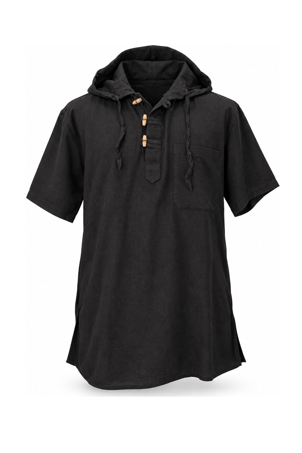 Short Sleeves with Hoodie with Wooden Buttons from Nepal — ghost mannequin front view