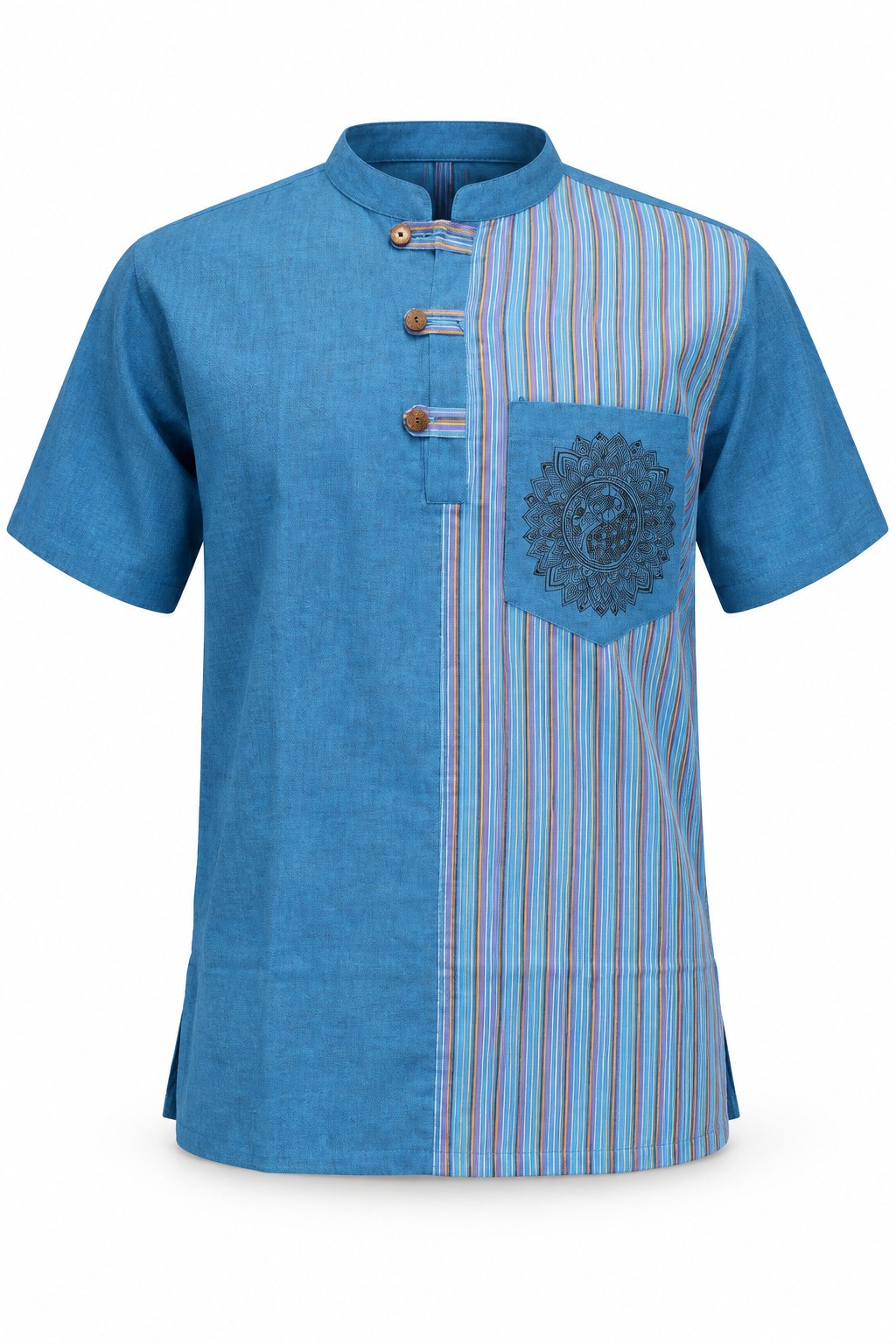 Blue Color Short Sleeve Button with Mandala Design from Nepal — ghost mannequin front view