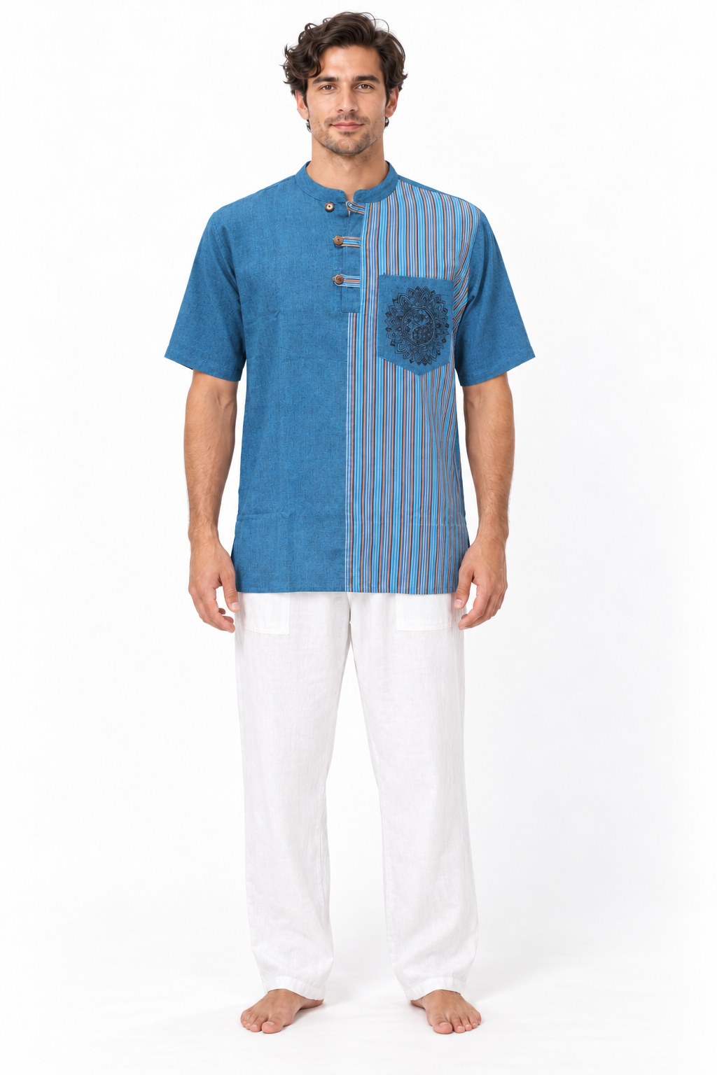 Blue Color Short Sleeve Button with Mandala Design from Nepal — model front view