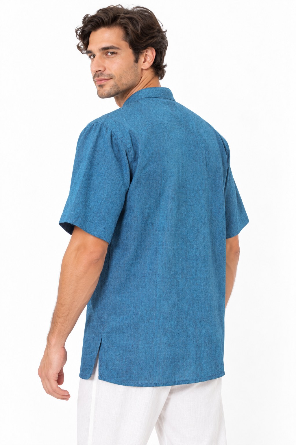 Blue Color Short Sleeve Button with Mandala Design from Nepal — three-quarter back view
