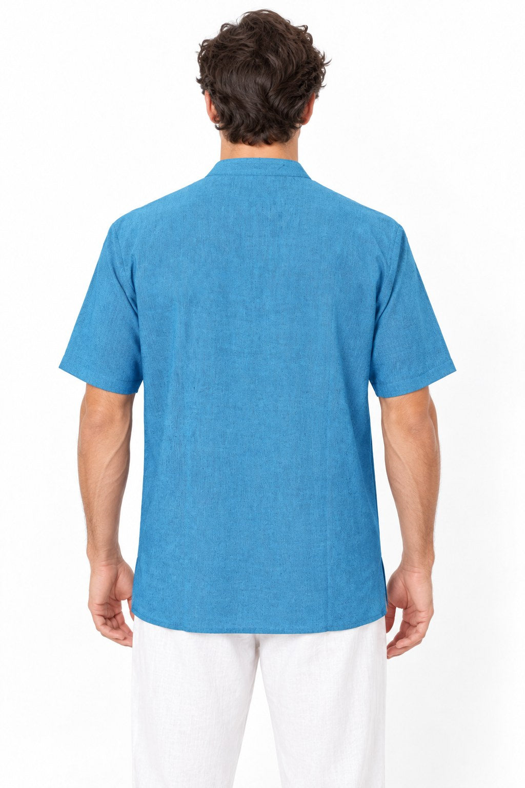 Blue Color Short Sleeve Button with Mandala Design from Nepal — back view