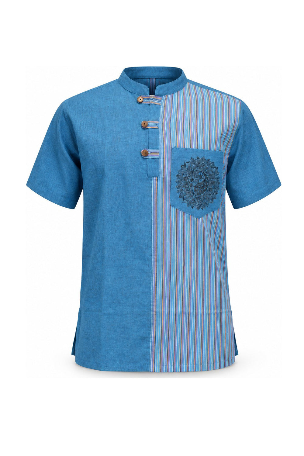 Blue Color Short Sleeve Button with Mandala Design from Nepal — ghost mannequin front view