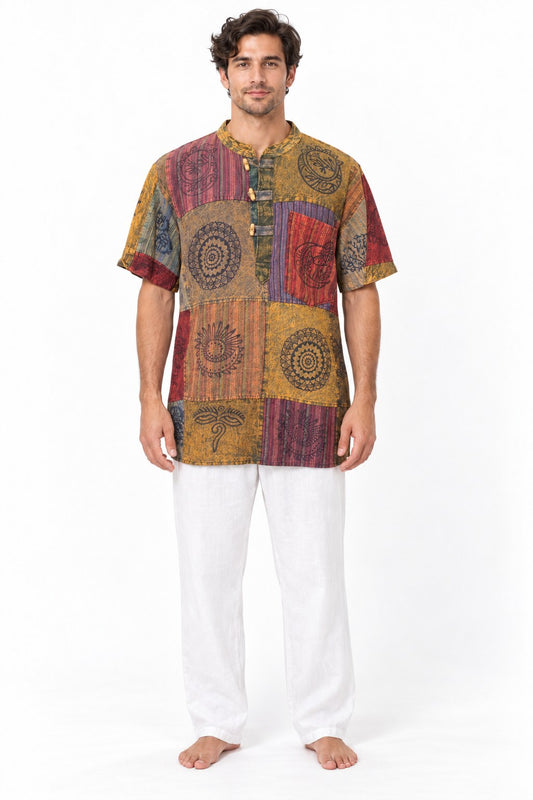 Colorful Pattern Kurta Short Sleeves from Nepal — model front view