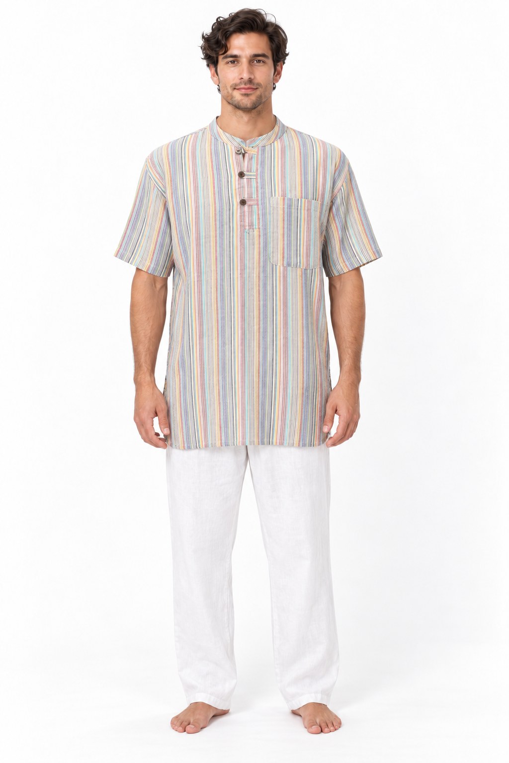 Pastel Multicolour Stripe Kurta from Nepal — model front view