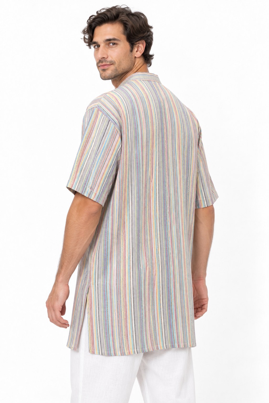 Pastel Multicolour Stripe Kurta from Nepal — three-quarter back view