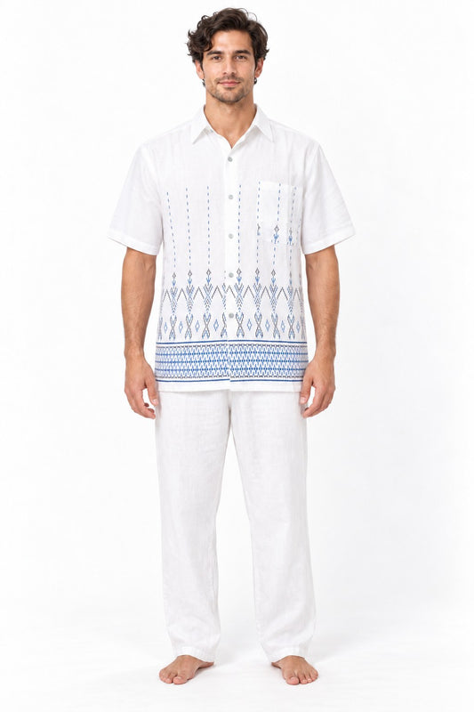 Cotton Shirt, Thailand Blue and Black Embroidered style Lines from Thailand white short sleeves Cotton Shirt — model front view