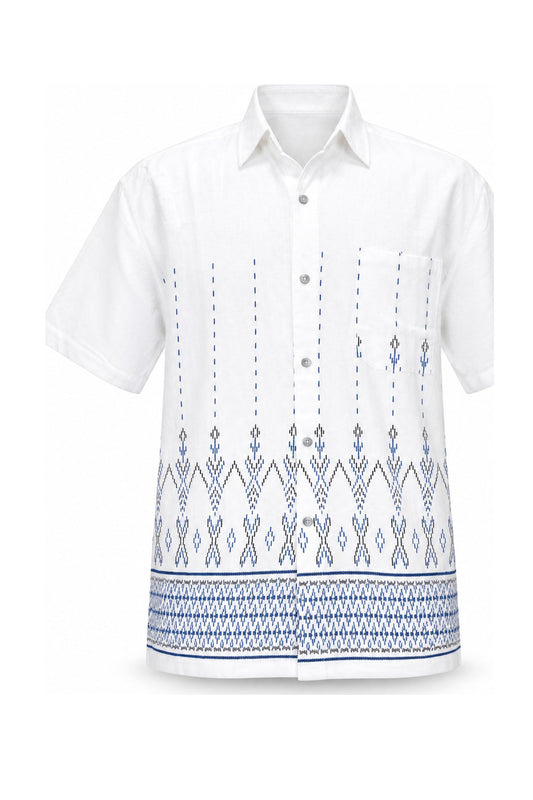 Cotton Shirt, Thailand Blue and Black Embroidered style Lines from Thailand white short sleeves Cotton Shirt — ghost mannequin front view