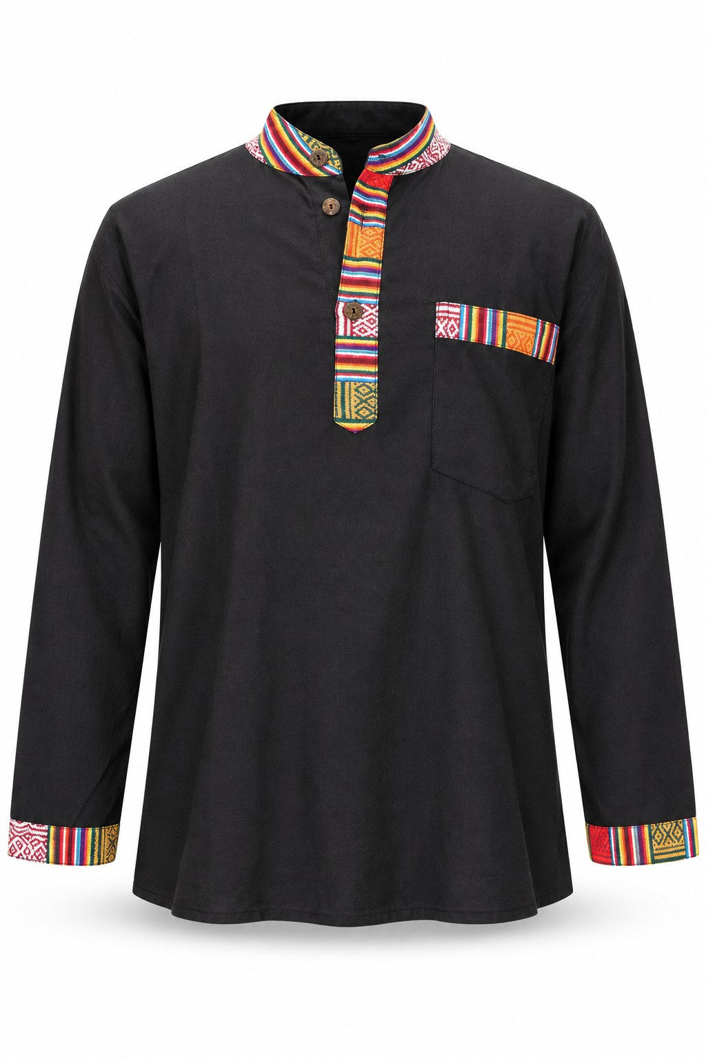 Black Long Sleeves with a Colorful Patch Woven Trim from Nepal — ghost mannequin front view