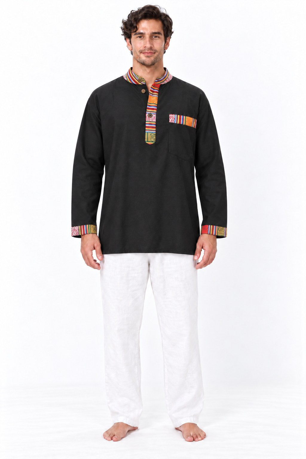 Black Long Sleeves with a Colorful Patch Woven Trim from Nepal — model front view
