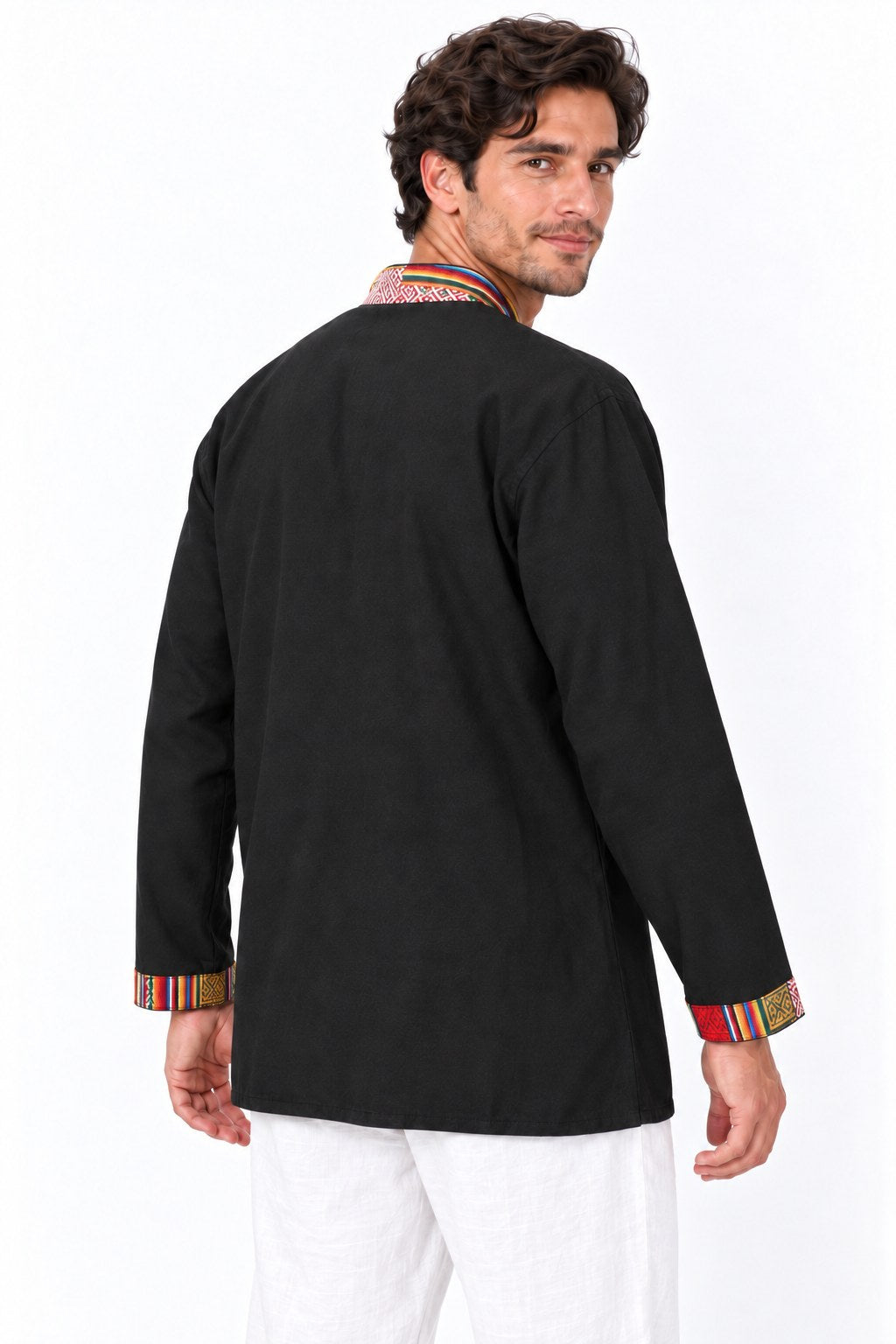 Black Long Sleeves with a Colorful Patch Woven Trim from Nepal — three-quarter back view