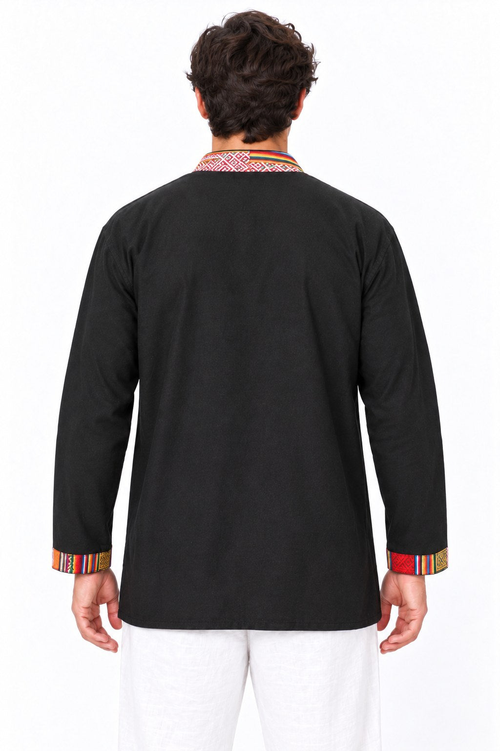 Black Long Sleeves with a Colorful Patch Woven Trim from Nepal — back view