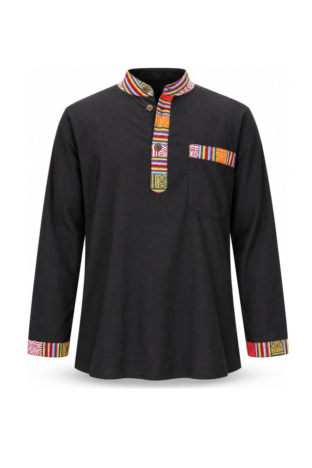 Black Long Sleeves with a Colorful Patch Woven Trim from Nepal — ghost mannequin front view
