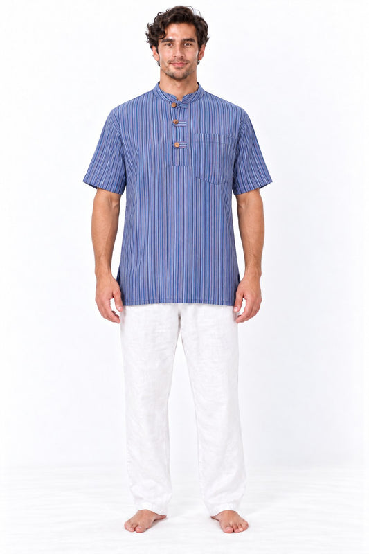 Blue lines Short Sleeves Shirt from Nepal — model front view