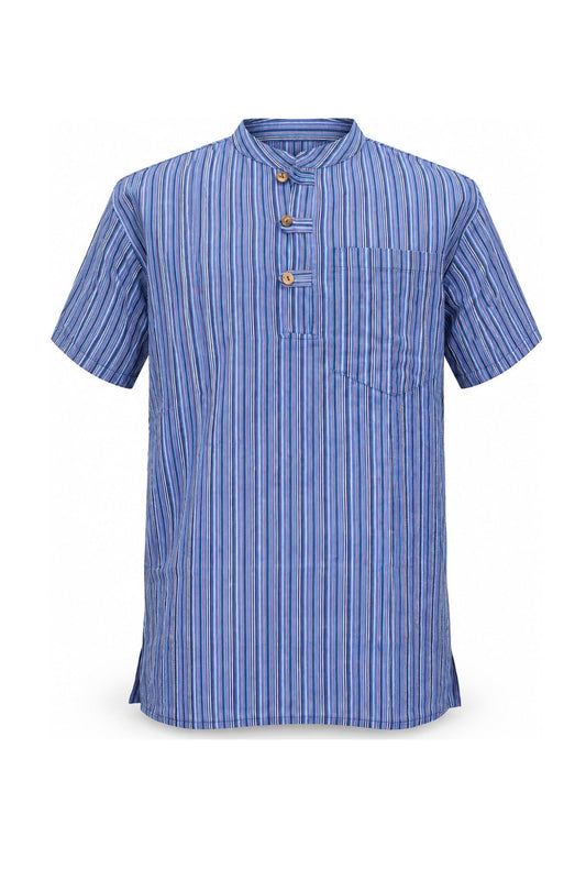 Blue lines Short Sleeves Shirt from Nepal — ghost mannequin front view