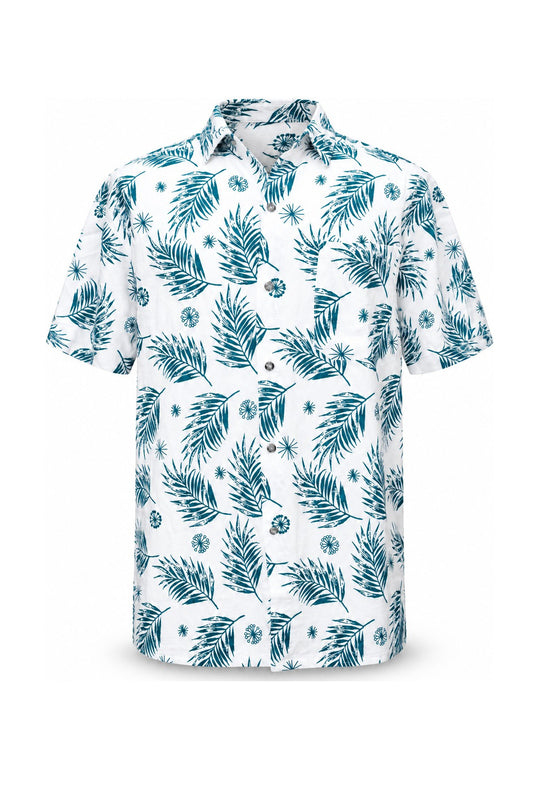 Cotton White Turquoise Sea Green Falling Leaf Print from Thailand — ghost mannequin front view