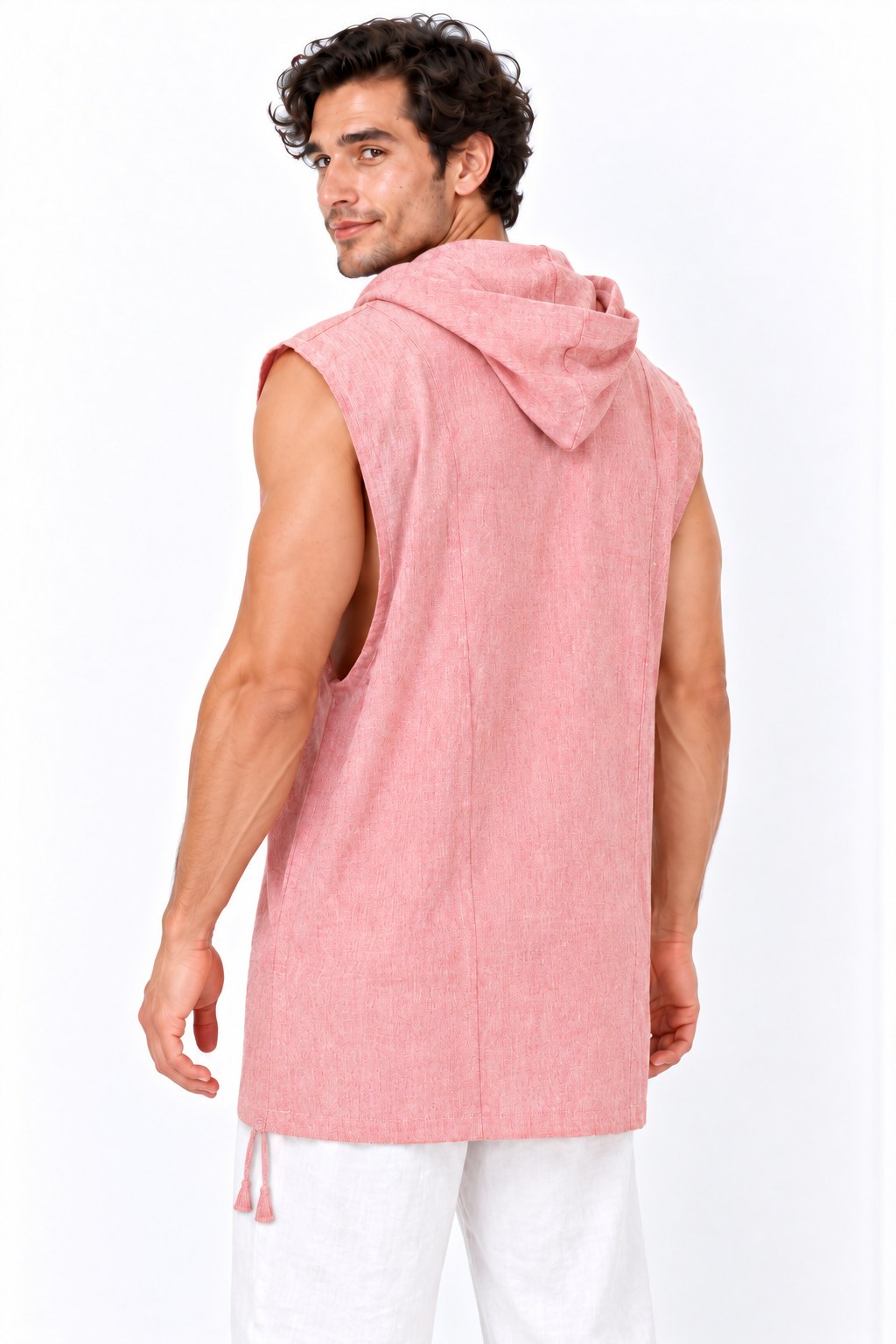 Cut Sleeves Baby Pink Color Kurta from Nepal — three-quarter back view