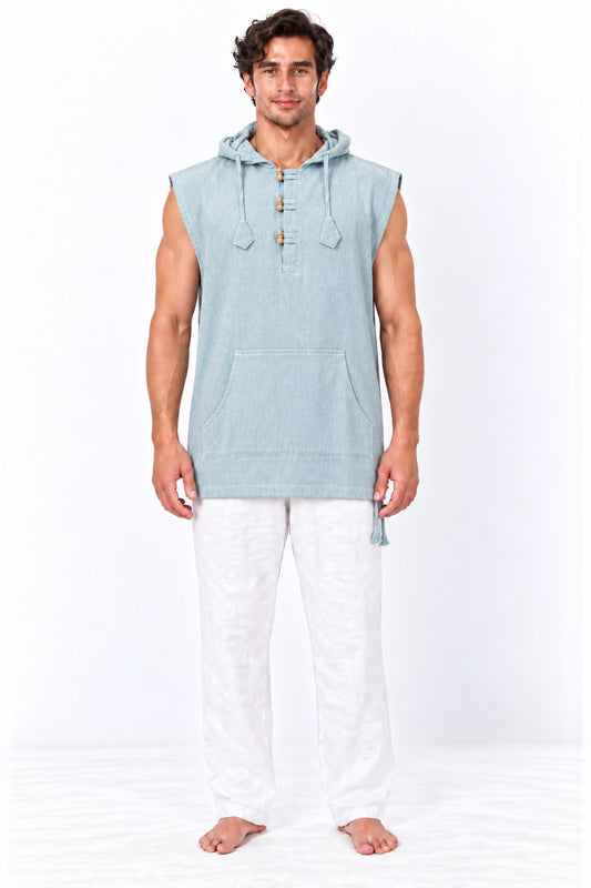 Cut Sleeves Pastle Blue Kurta from Nepal — model front view