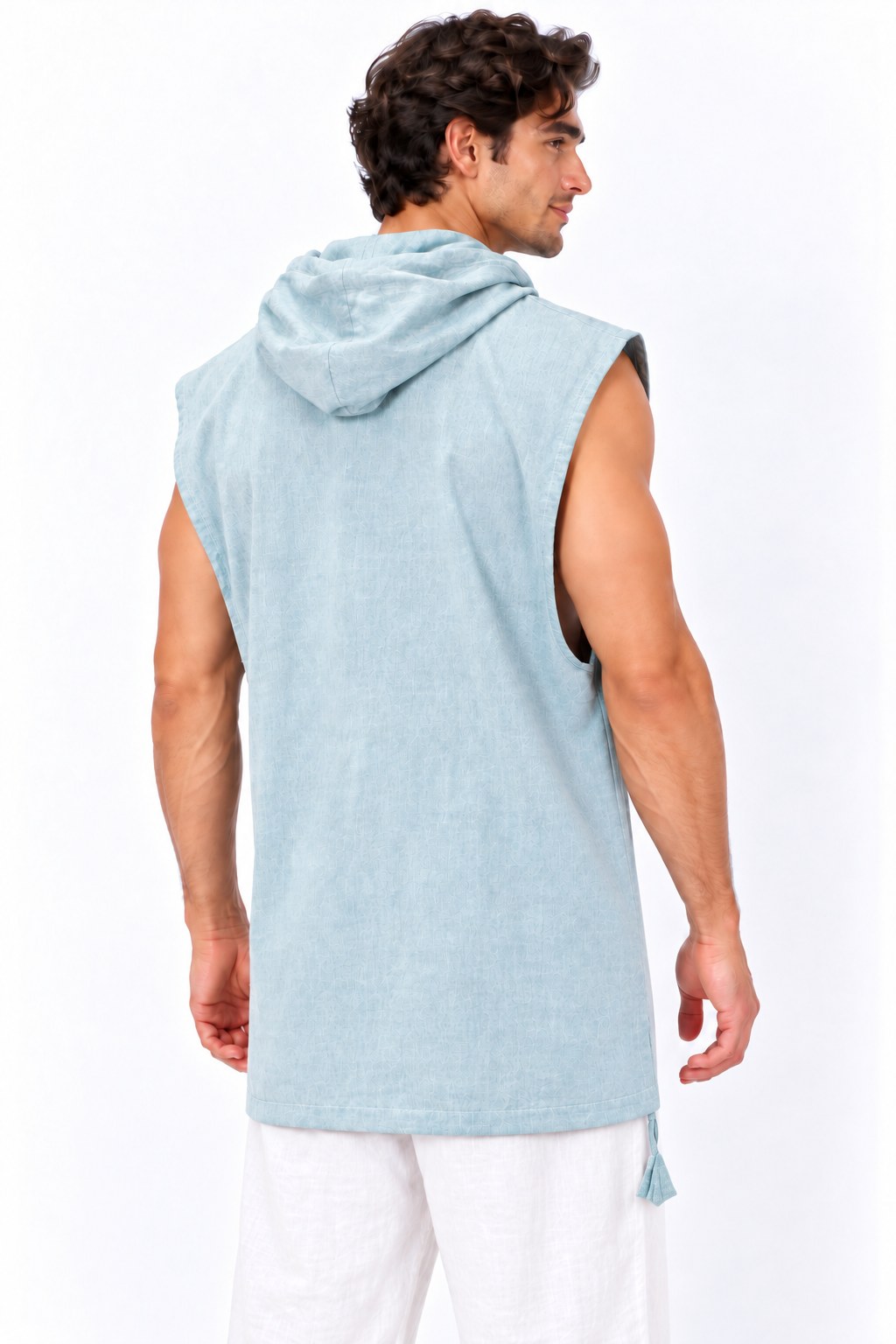 Cut Sleeves Pastle Blue Kurta from Nepal — three-quarter back view