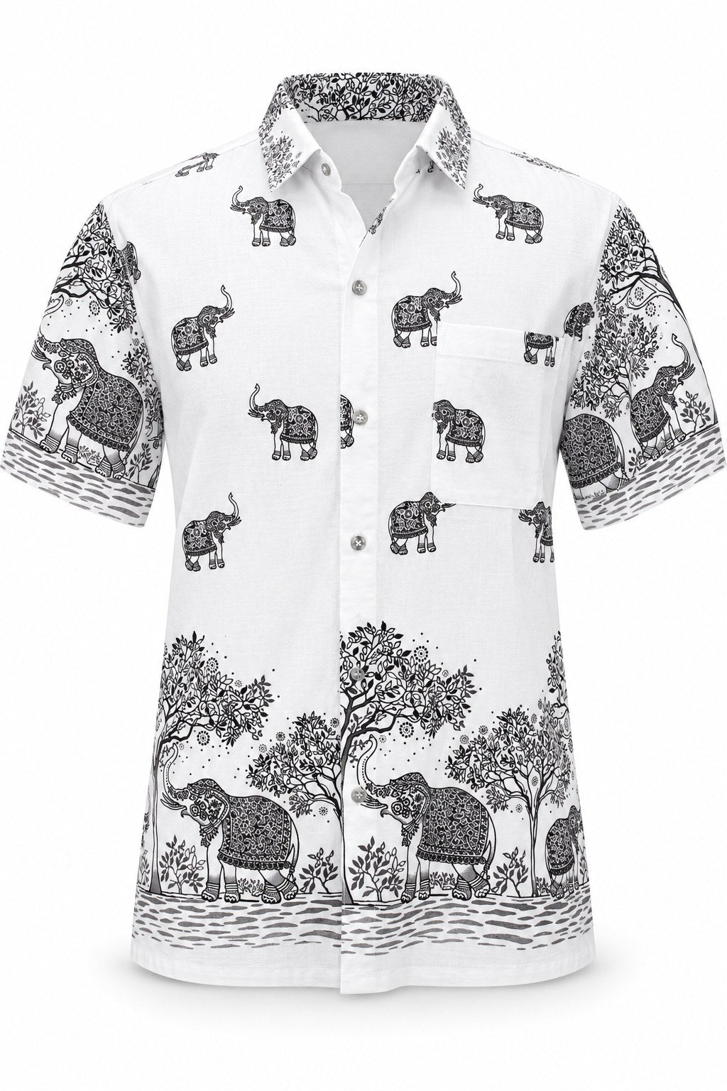 Dancing Elephants in Jungle in White Cotton short sleeves from Thailand — ghost mannequin front view