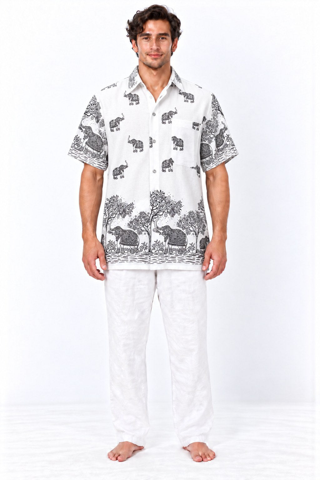 Dancing Elephants in Jungle in White Cotton short sleeves from Thailand — model front view