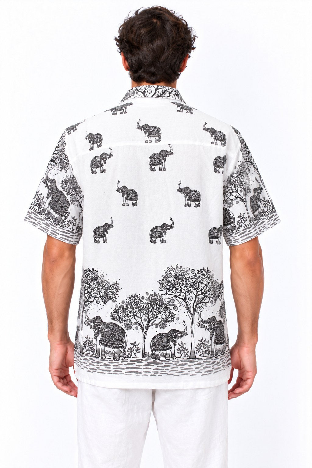 Dancing Elephants in Jungle in White Cotton short sleeves from Thailand — back view