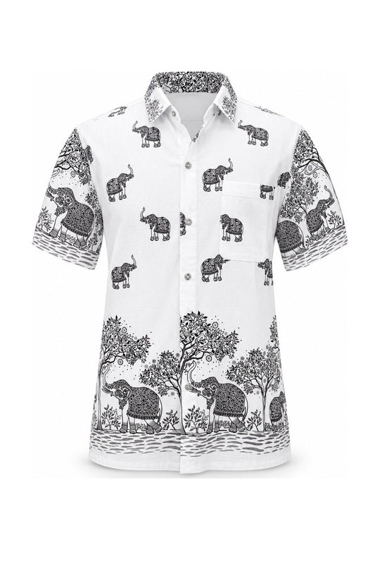 Dancing Elephants in Jungle in White Cotton short sleeves from Thailand — ghost mannequin front view