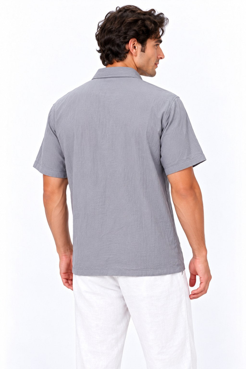 Grey Shirt in Soft Thin Cotton from Thailand — three-quarter back view