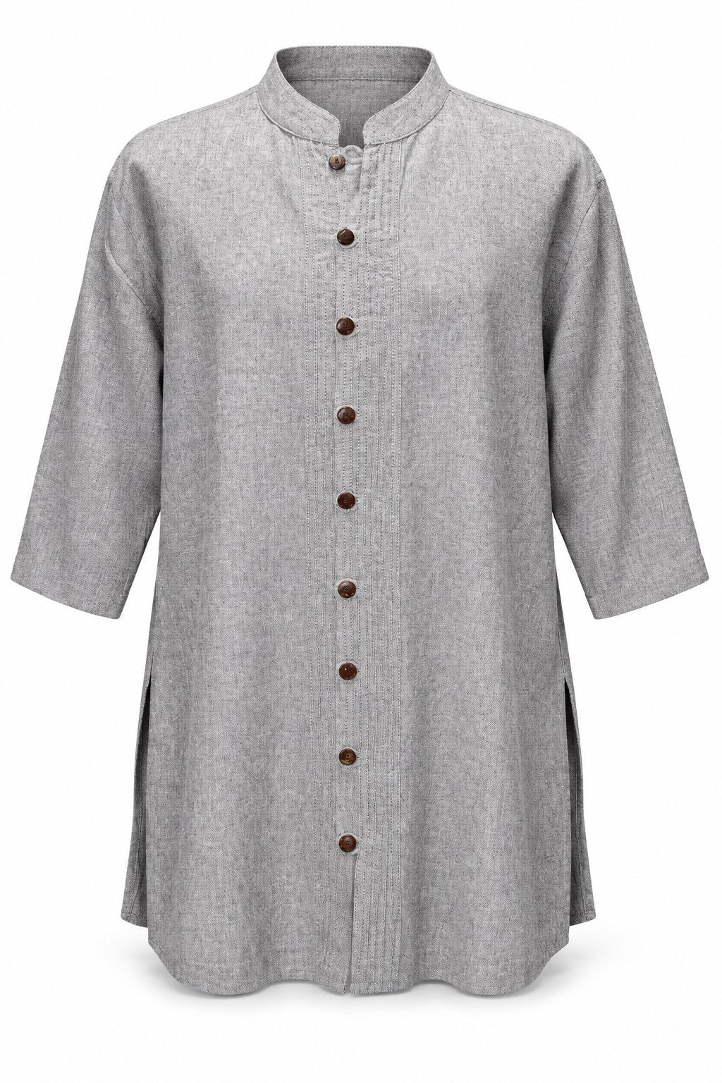 Grey Textured Khadi Cotton Gandhi Collar Shirt — ghost mannequin front view