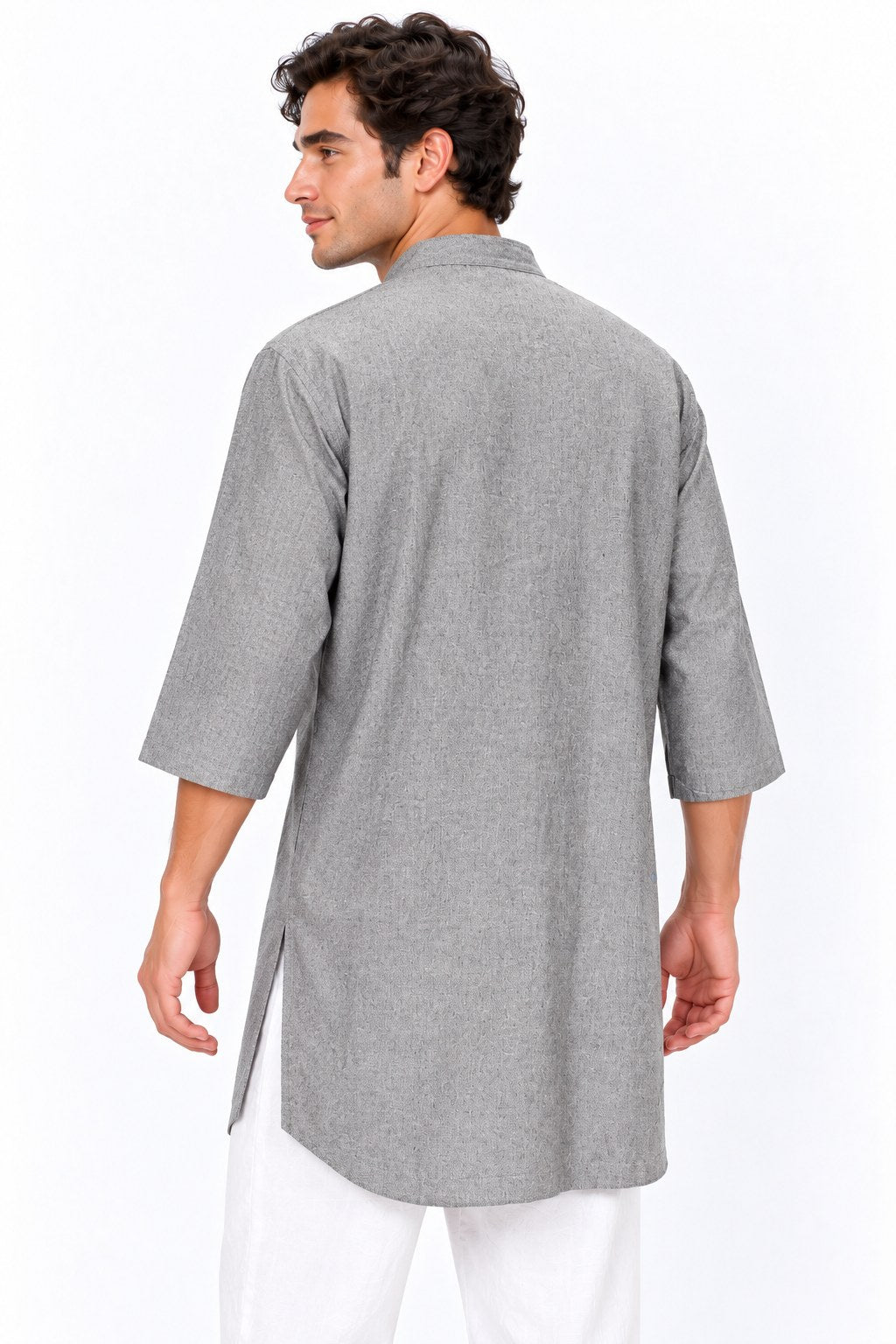 Grey Textured Khadi Cotton Gandhi Collar Shirt — three-quarter back view