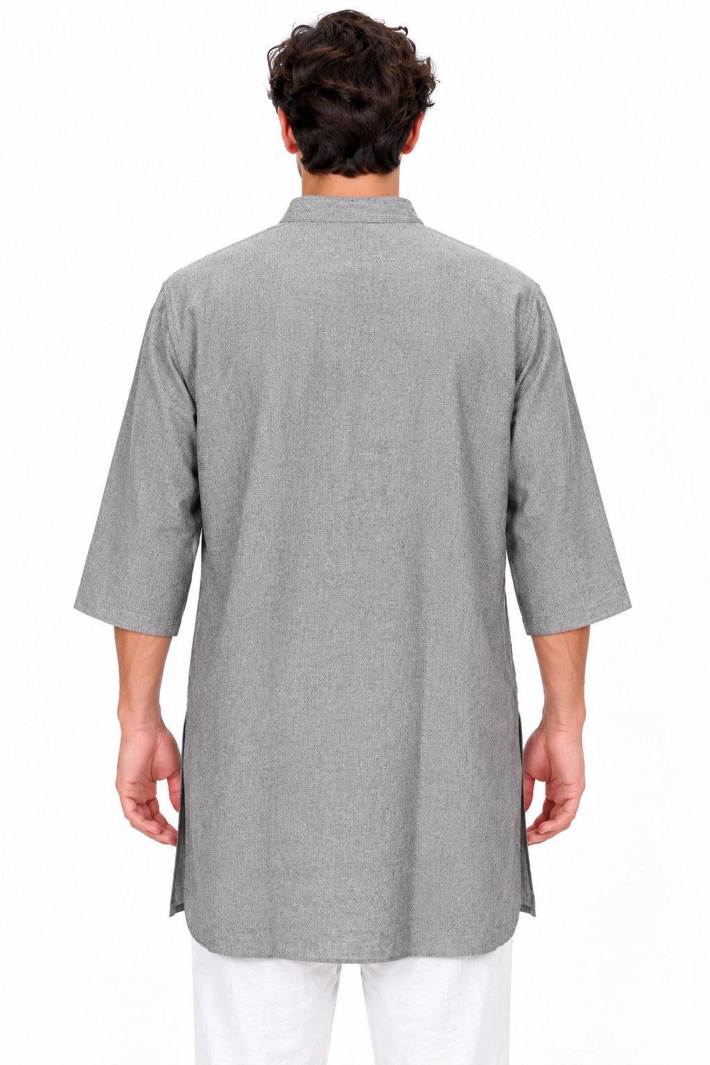 Grey Textured Khadi Cotton Gandhi Collar Shirt — back view