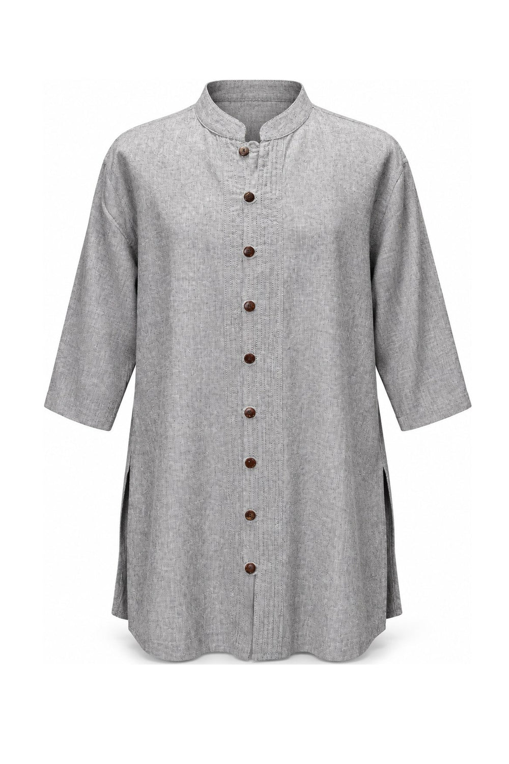 Grey Textured Khadi Cotton Gandhi Collar Shirt — ghost mannequin front view