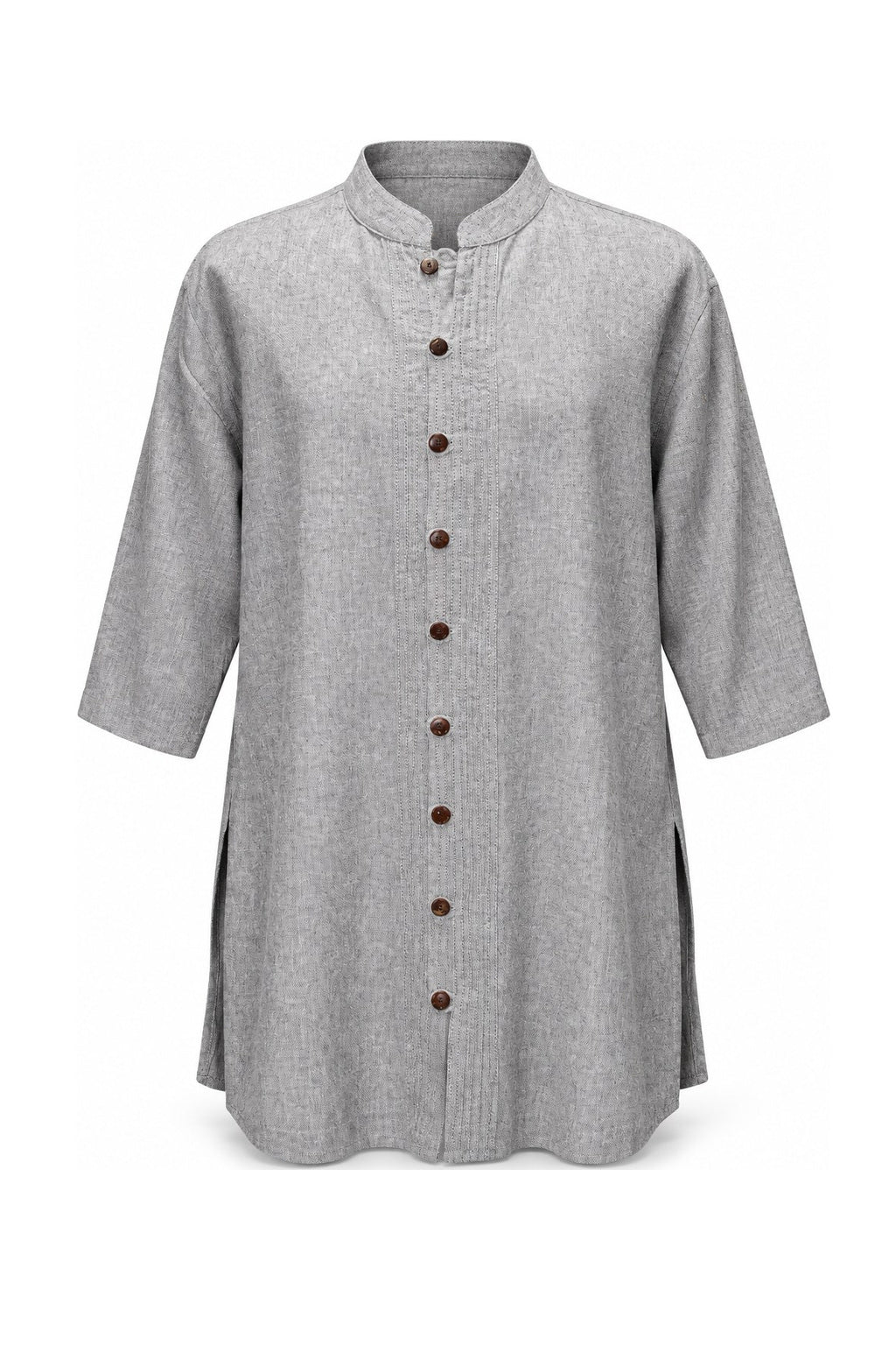 Grey Textured Khadi Cotton Gandhi Collar Shirt — ghost mannequin front view