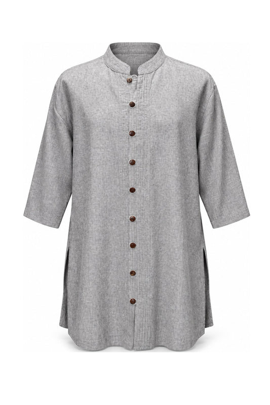 Grey Textured Khadi Cotton Gandhi Collar Shirt — ghost mannequin front view