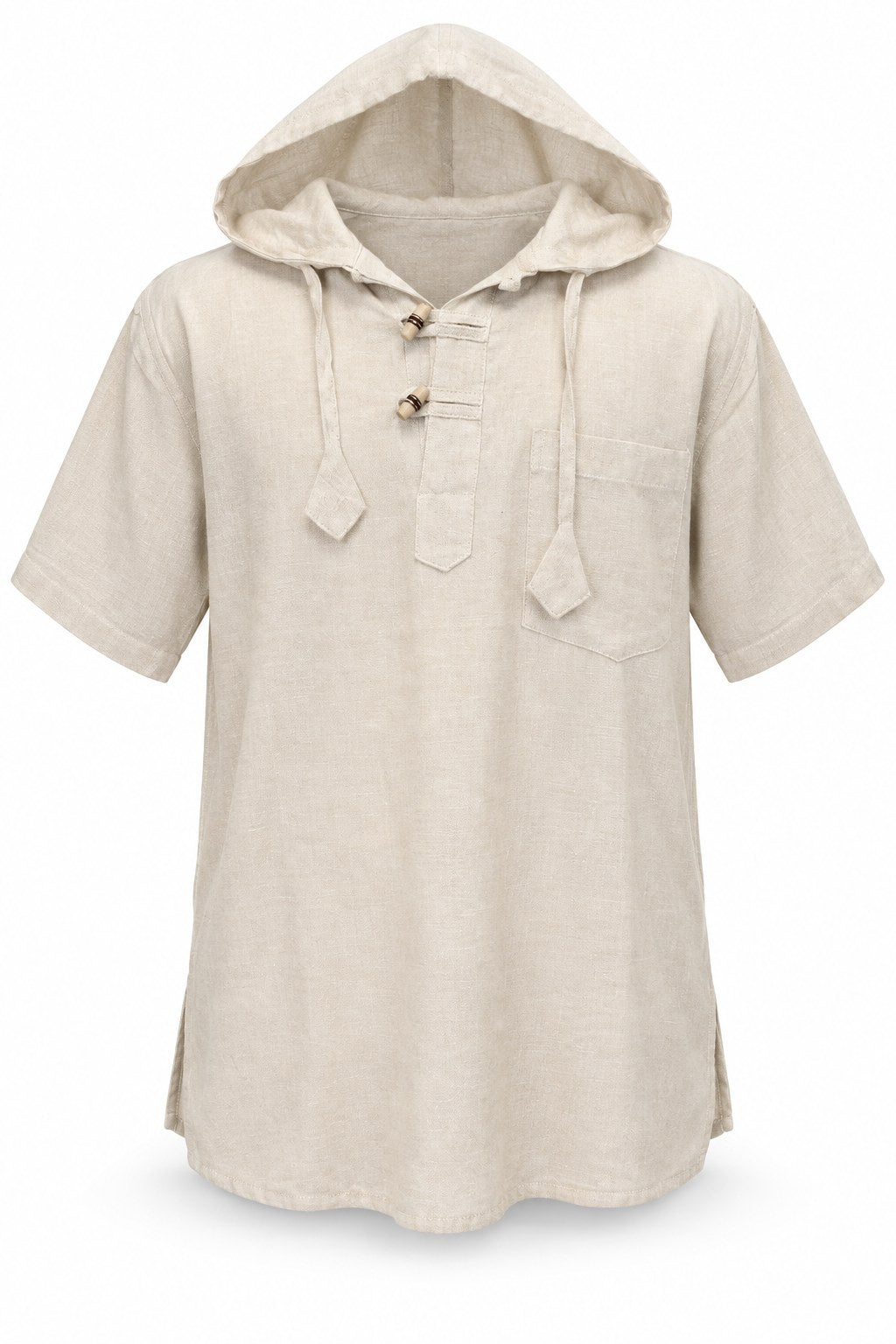Khaki Brown Shirt with Hoodie and Wooden Buttons — ghost mannequin front view